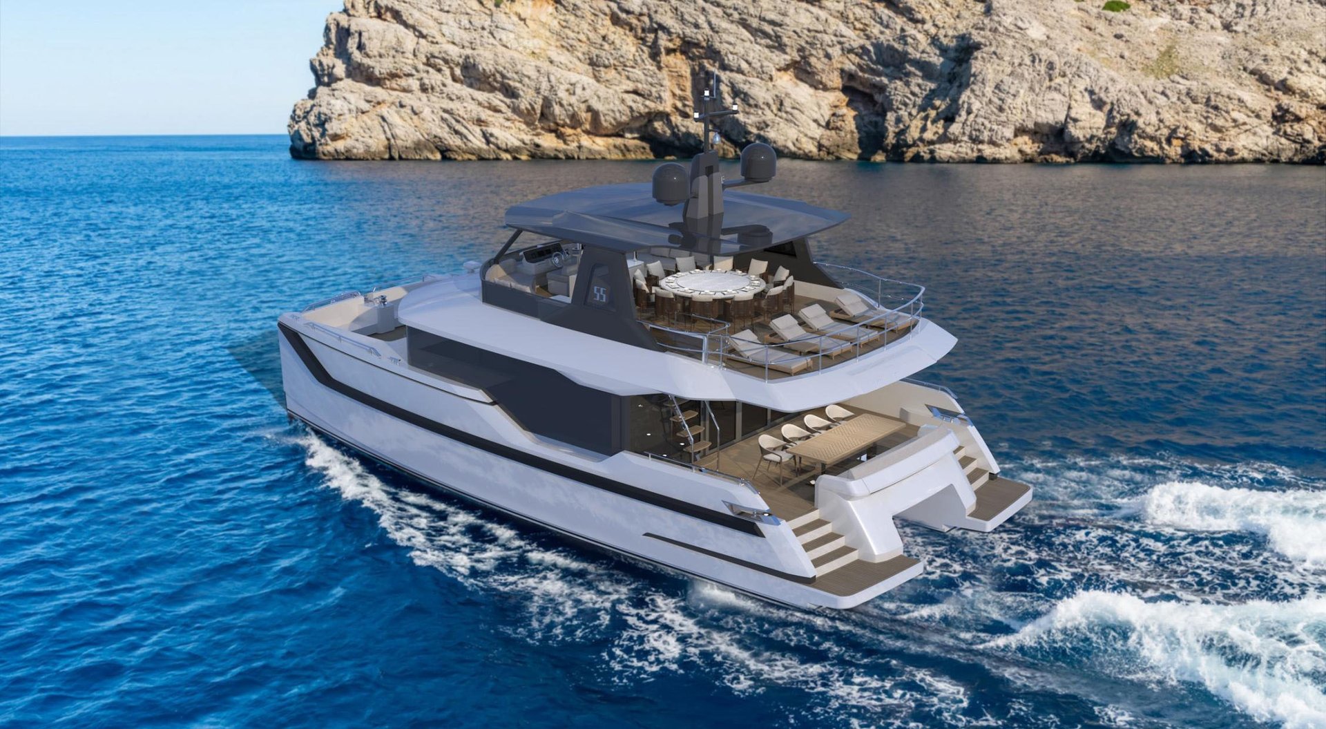 Aft view of the OBLUE 55 at speed
